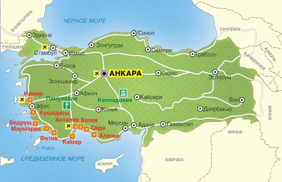 Туристическая карта курортов Турции